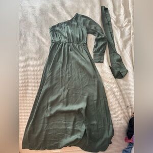 Amazon Green Asymmetrical Ruched One Shoulder Gown